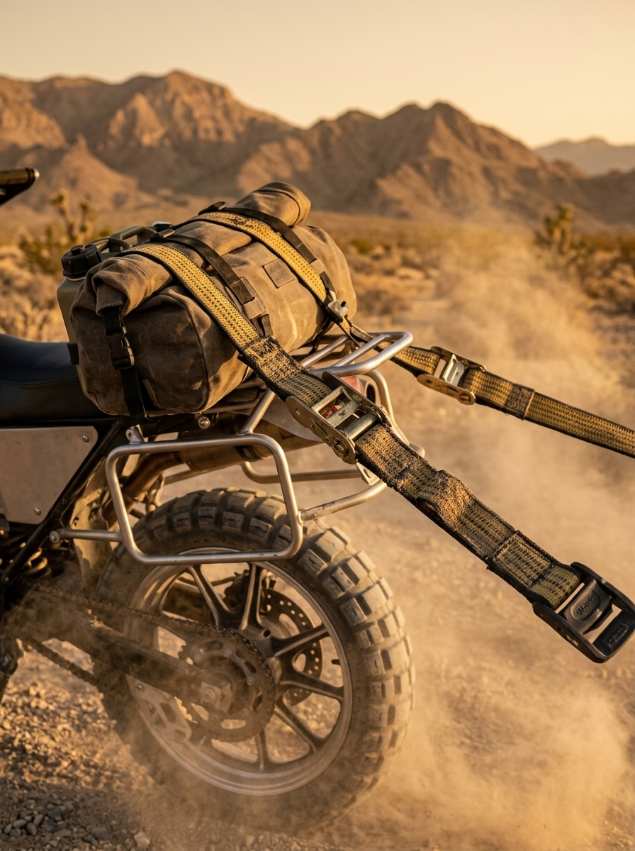 Elastic cargo straps secured on adventure motorcycle in desert with golden hour lighting