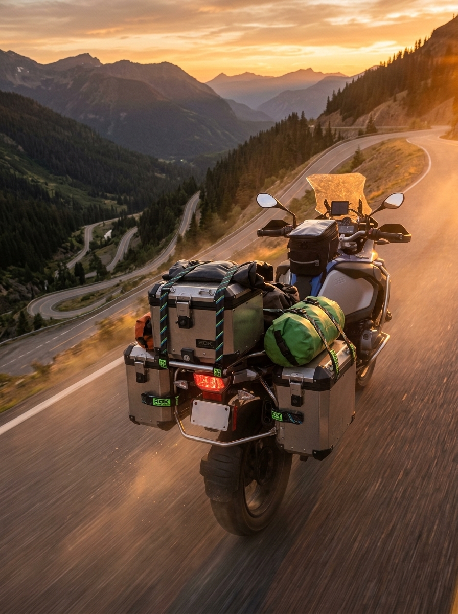 Adventure motorcycle on mountain pass road with secured cargo straps in golden hour light