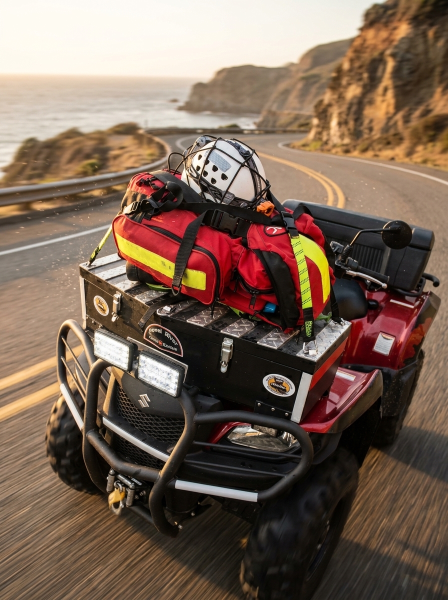 Adventure motorcycle with elastic cargo straps on coastal highway during golden hour