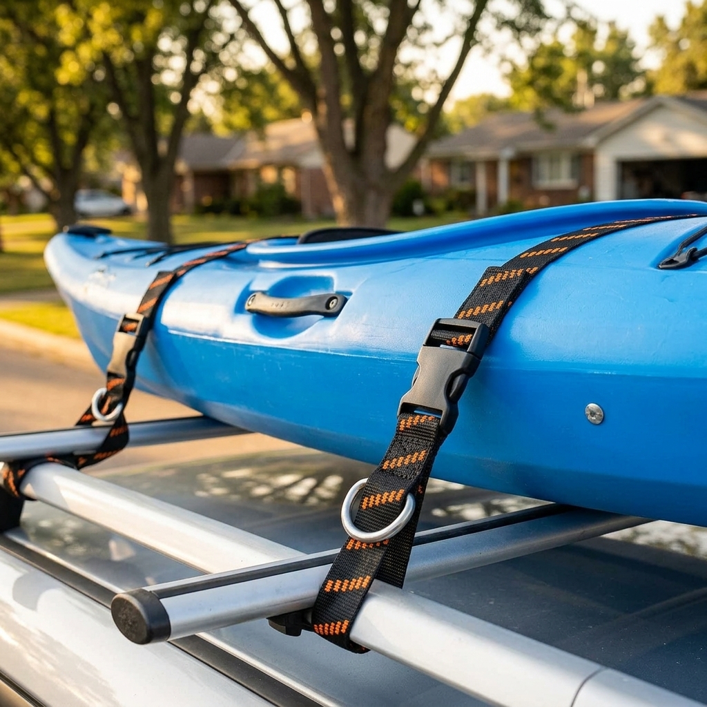 Cargo straps securing kayak to roof rack in daylight