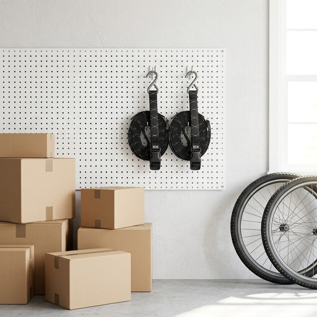 Organized garage storage with coiled cargo straps and moving supplies