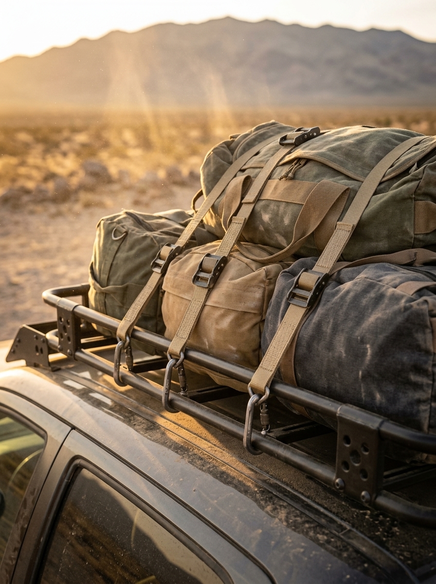 Heavy cargo straps with carabiners securing duffel bags to truck roof rack in desert landscape at sunset