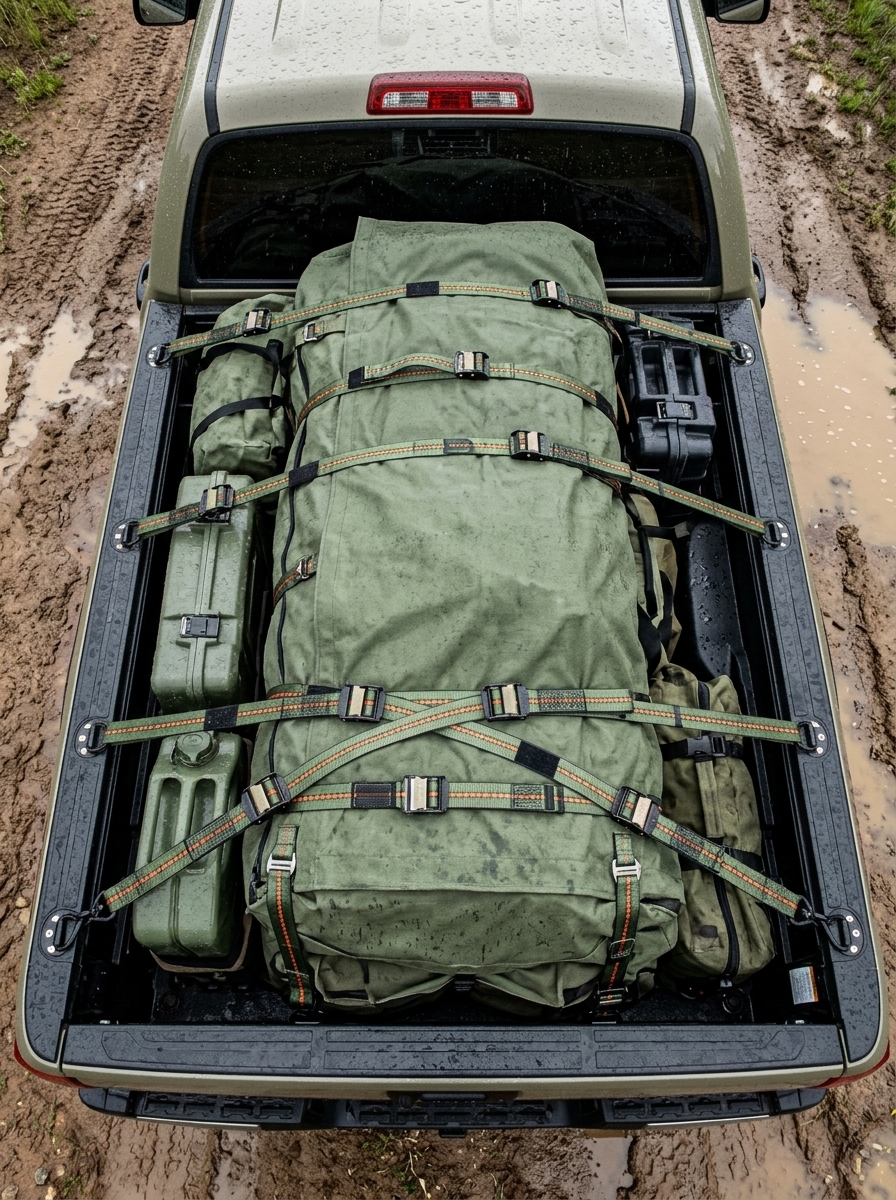 Overhead view of canvas-wrapped cargo secured with straps in wet truck bed under gray sky
