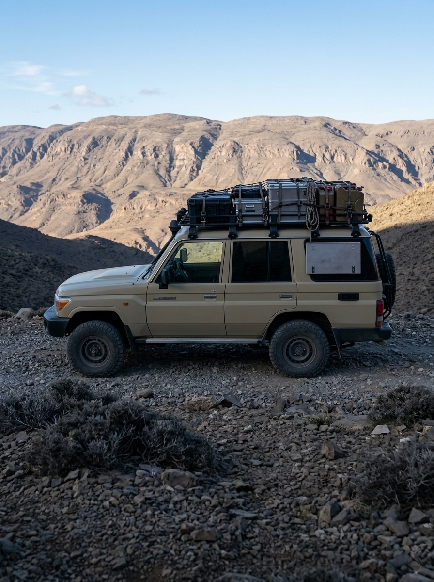 Side view of 4x4 with tightly strapped cargo boxes and equipment on roof rack in rocky terrain