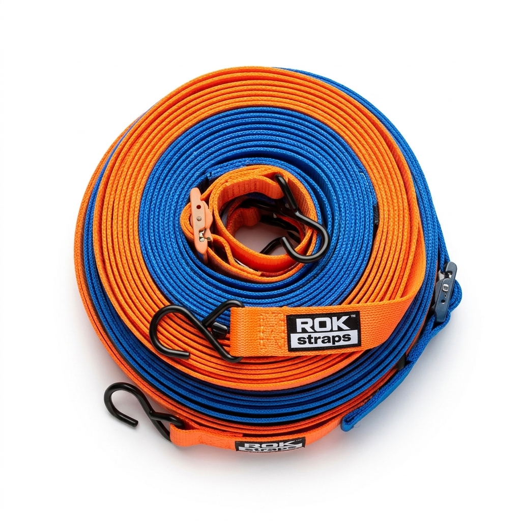 Overhead view of coiled neon orange and blue elastic cargo straps on white background with professional studio lighting
