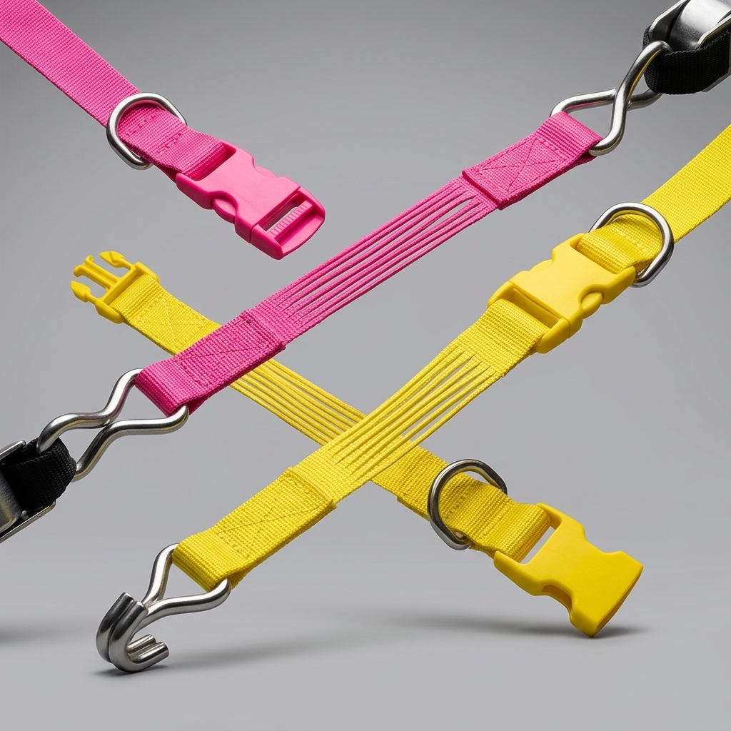 Side-lit yellow and hot pink elastic cargo straps stretched with metal hooks against gray studio background