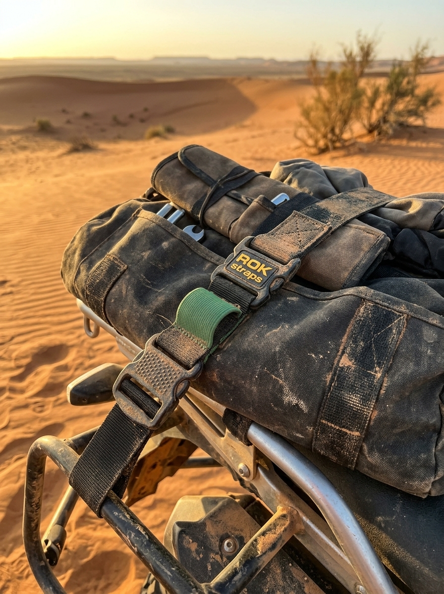Elastic cargo straps securing gear on adventure motorcycle in desert at golden hour