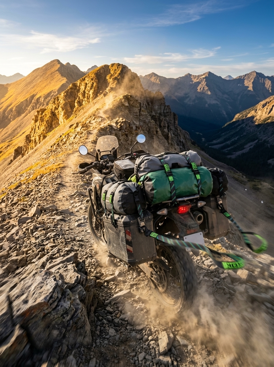 Adventure motorcycle with secured cargo straps climbing mountain pass in golden light