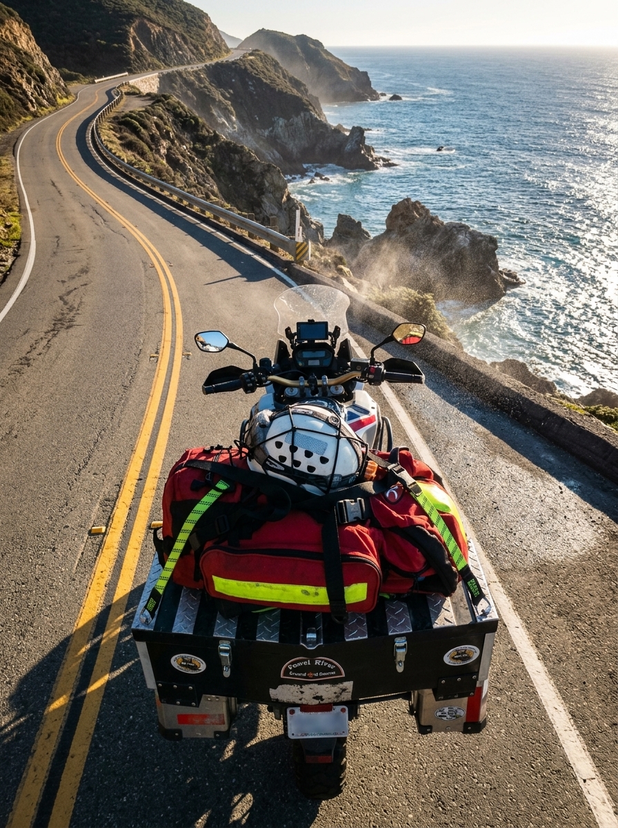 Adventure motorcycle with cargo straps on coastal highway at golden hour