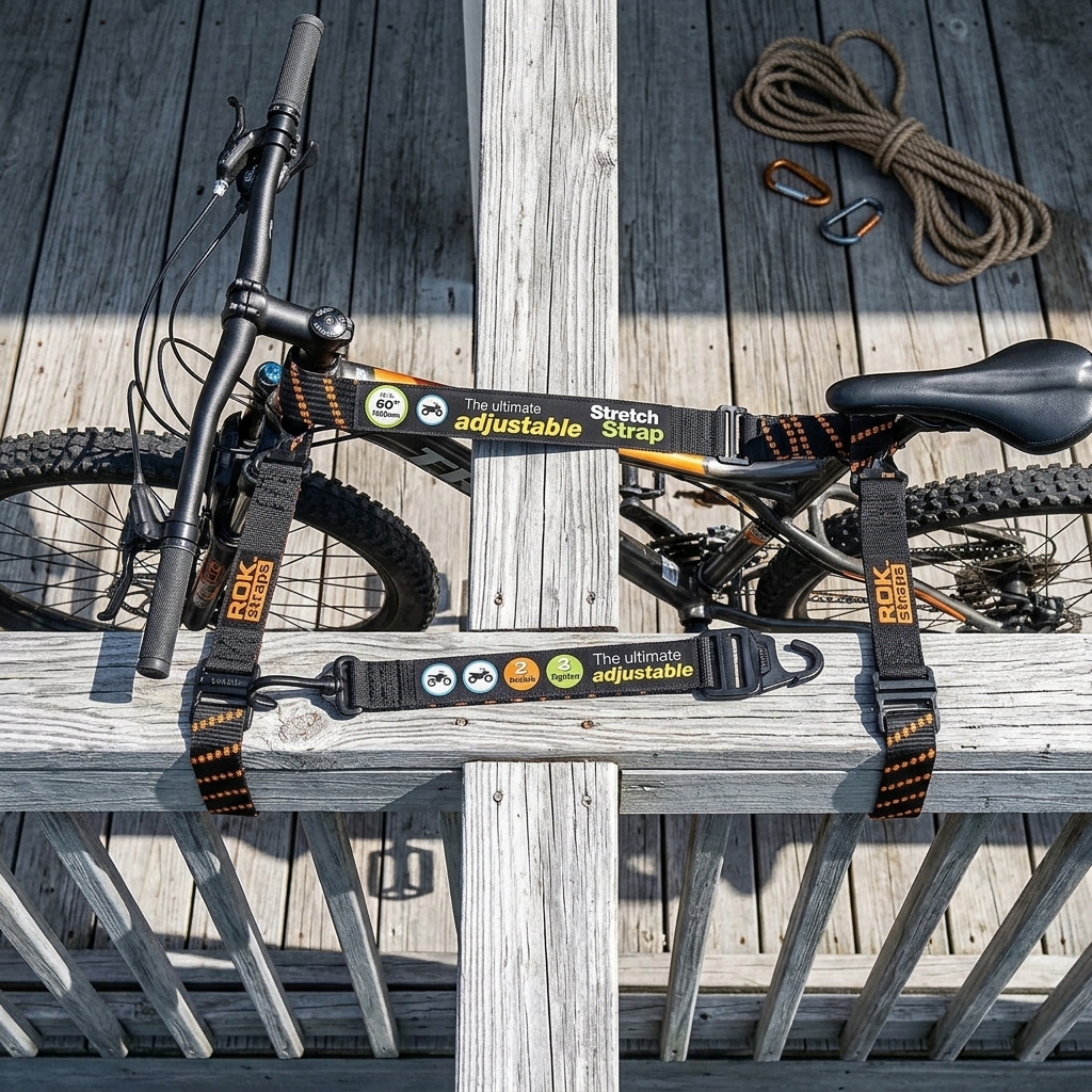 Overhead shot of a bike secured with red cargo straps on wooden deck in natural daylight