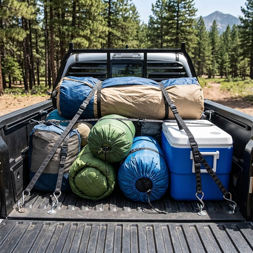 Pickup truck bed with camping equipment secured by cargo straps in daylight