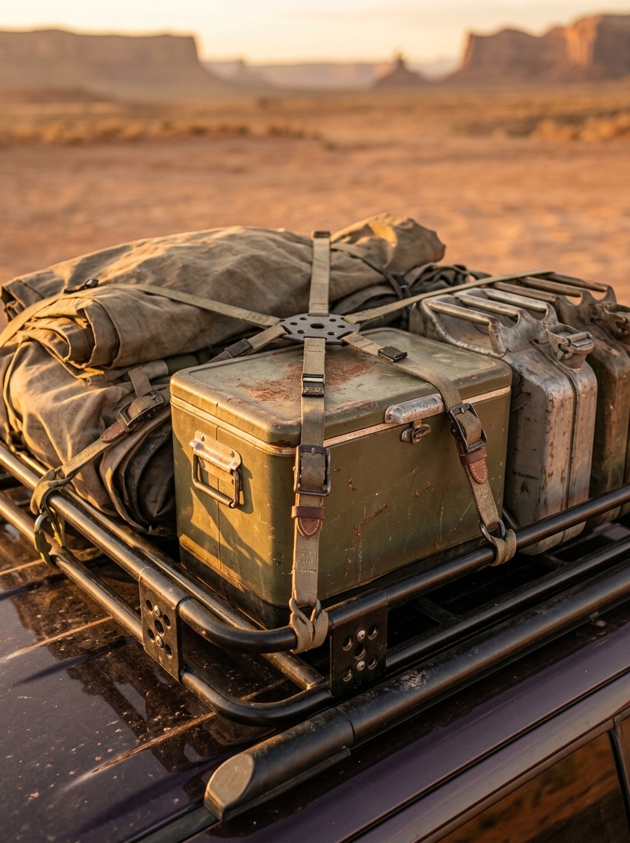 Cargo straps securing camping equipment to truck roof rack in desert terrain at sunset