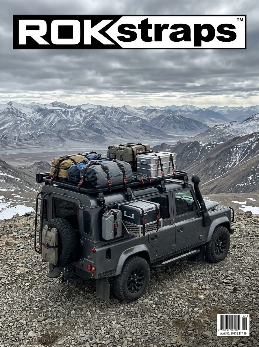 Full view of 4x4 vehicle with secured cargo straps holding bundled gear on mountain ridge under cloudy sky