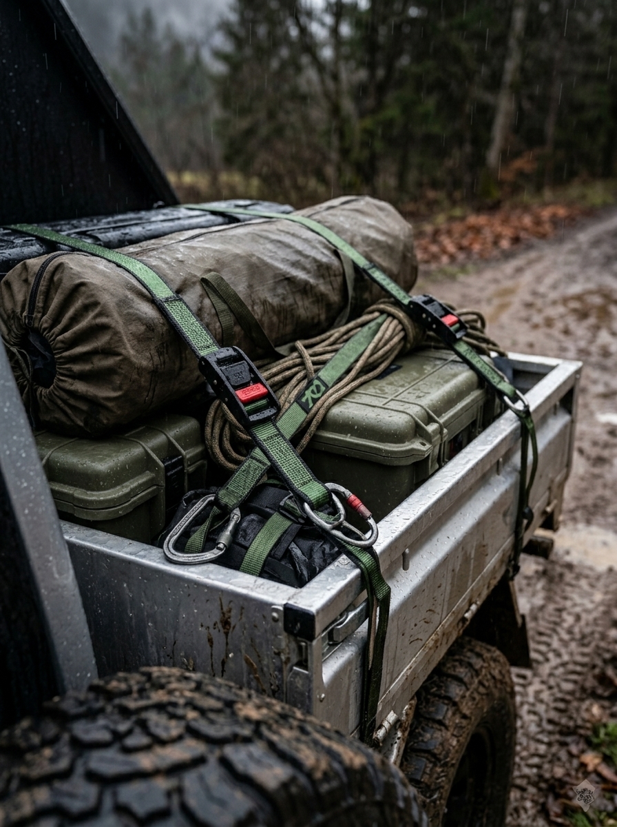 Close view of cargo straps and carabiners securing tent rolls and equipment boxes in wet truck bed camp setting