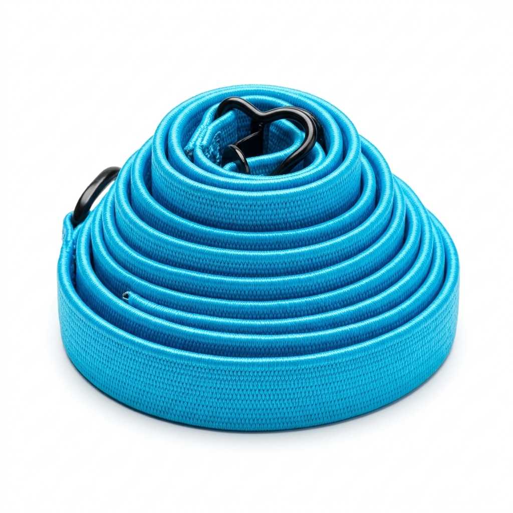 Coiled neon-blue elastic cargo strap on white studio background with professional lighting