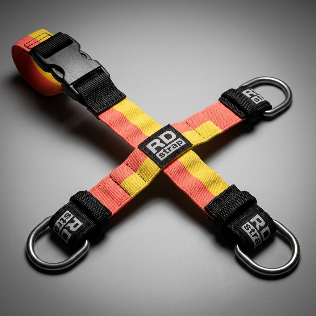 Stretched bi-color elastic cargo strap hooked on rings with side-lighting on gray background