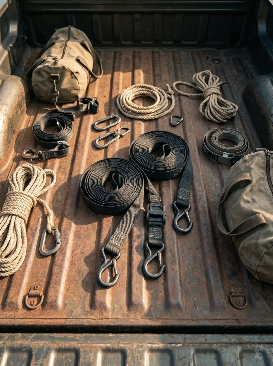 Professional cargo straps and lashing equipment laid out on a truck bed including ratchets and carabiners.