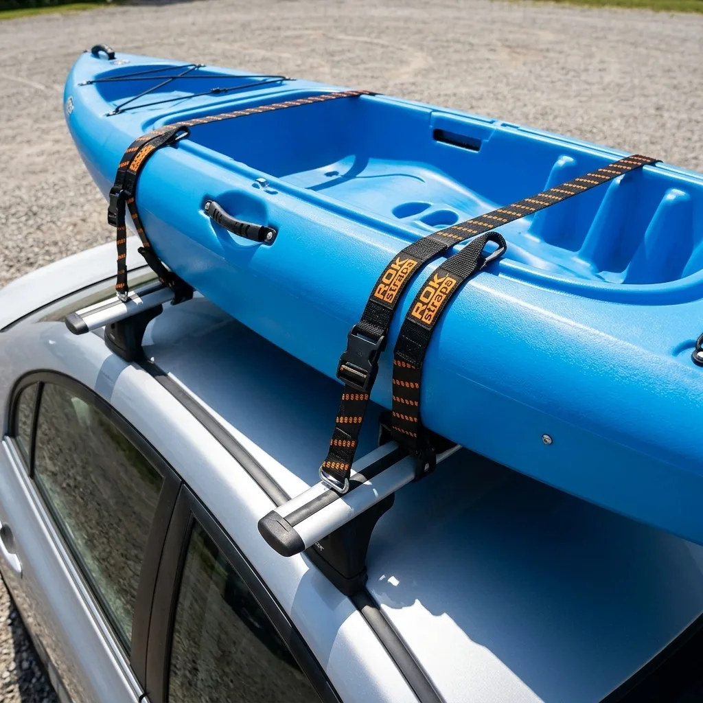 Elastic cargo straps securing a blue kayak to a vehicle roof rack in bright daylight, showing webbing detail and durability.