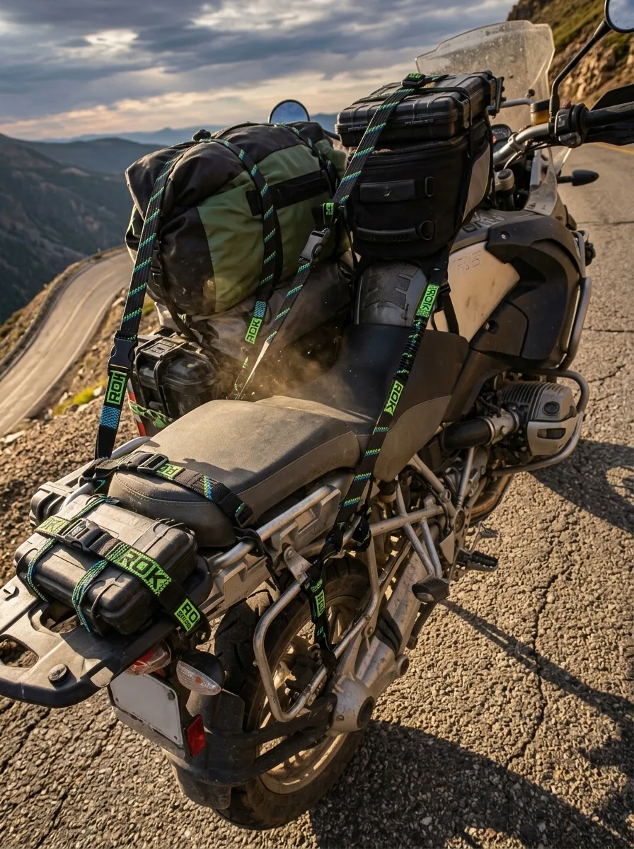 Close-up of elastic cargo straps securing gear on a motorcycle at a mountain pass with shadows and dust in late afternoon light.