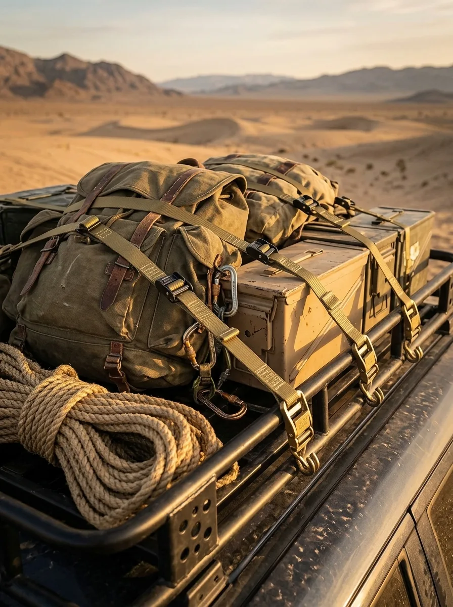 Truck roof rack cargo straps desert Heavy-duty cargo straps securing expedition gear to a truck roof rack in desert landscape at sunset.