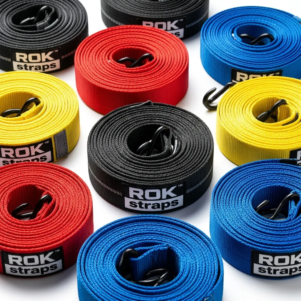 Colorful elastic cargo straps coiled in tight bundles on white background under studio lighting.