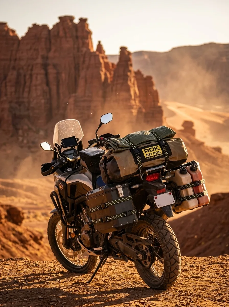 Adventure motorcycle with elastic cargo straps loaded with gear on a desert ridge at golden hour with red rock formations in background.