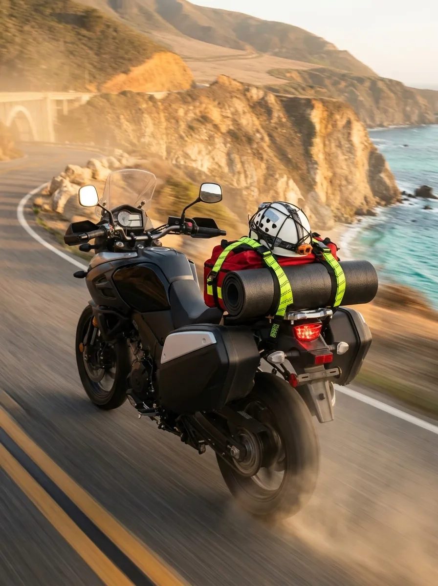 Coastal Highway Motorcycle Motion Golden Hour Cargo Straps Motorcycle with elastic cargo straps racing along a coastal highway at golden hour with ocean cliffs and dust trail visible.