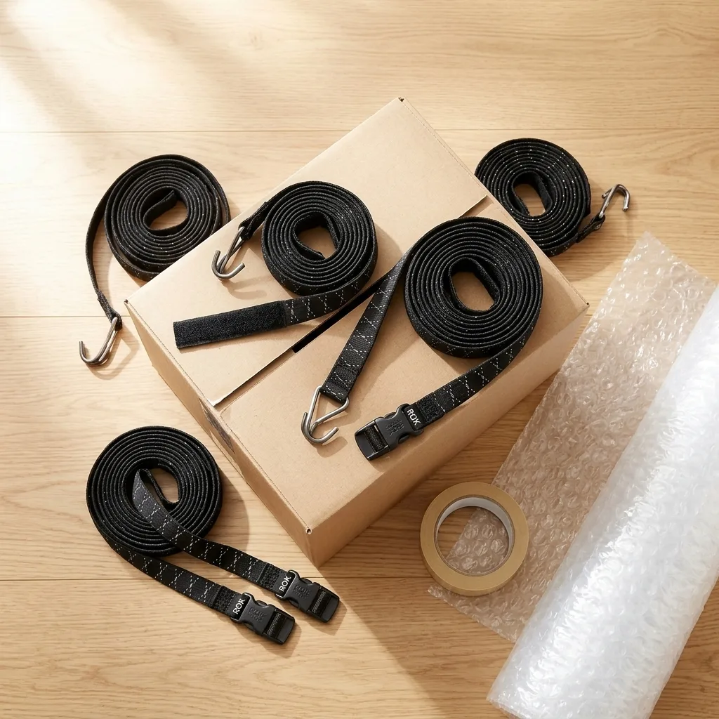 Moving box with neatly arranged cargo straps, packing materials, and supplies on a wooden garage floor in natural daylight.