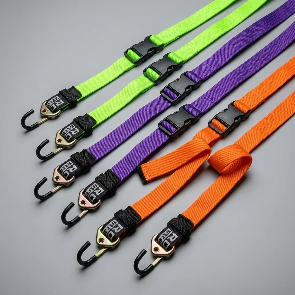 Stretched elastic cargo straps with metal hooks on gray background displaying vibrant neon colors.
