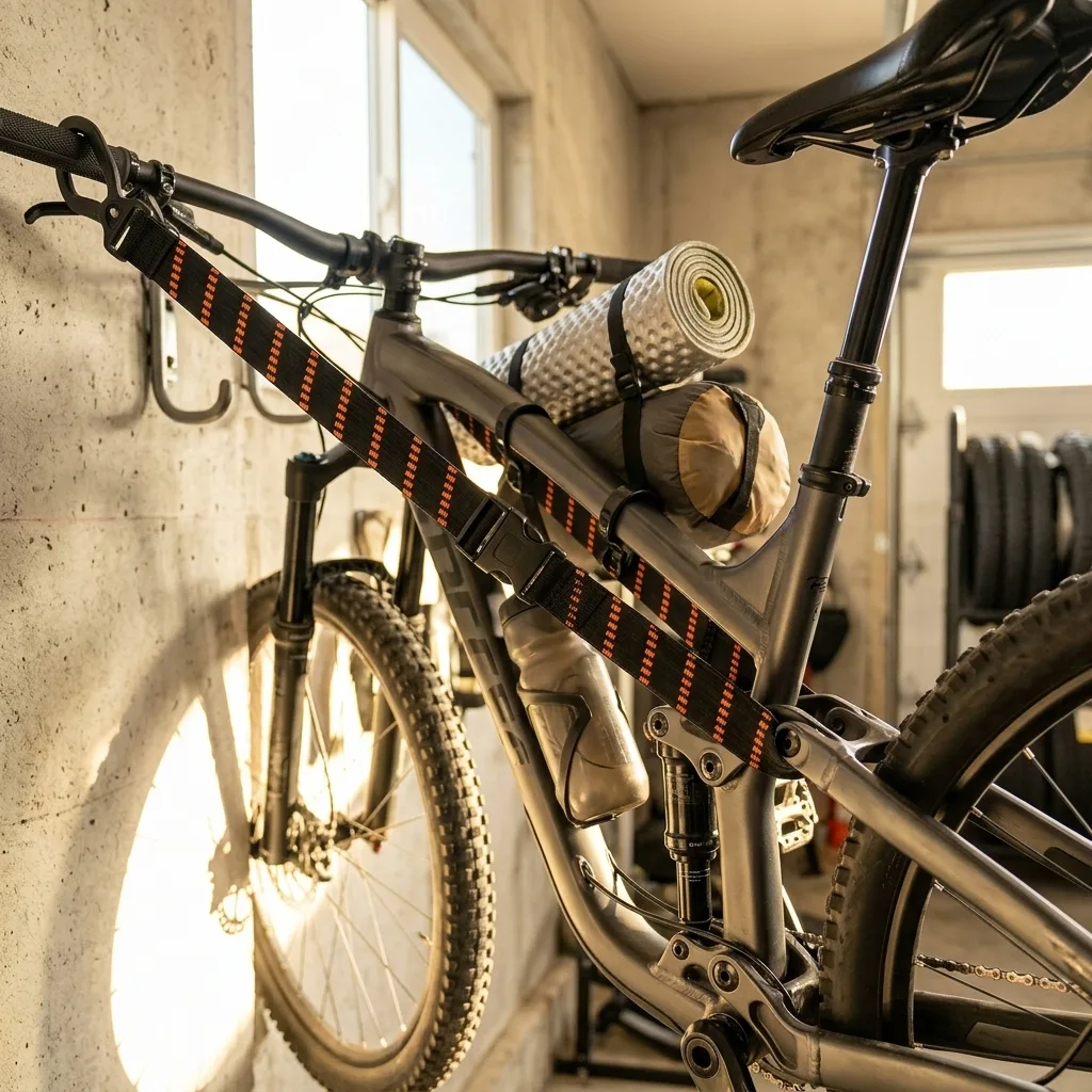 Elastic cargo straps with black buckles securing a mountain bike to a garage wall rack in daylight.