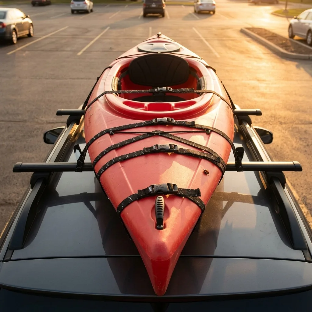 Elastic cargo straps with black buckles securing a kayak to a vehicle roof rack in afternoon sunlight.