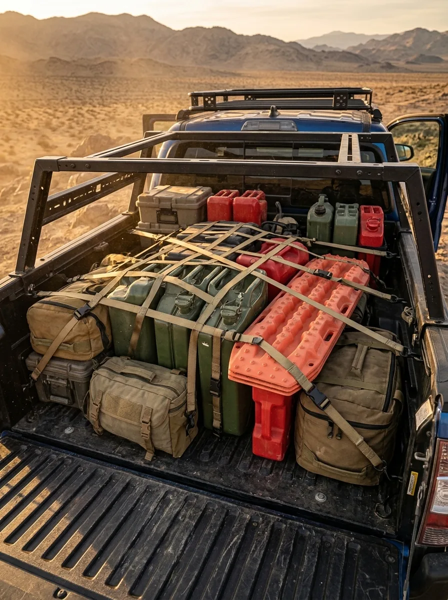 4x4 truck bed cargo straps golden hour Elastic cargo straps with black buckles securing expedition gear in a 4x4 truck bed at golden hour.