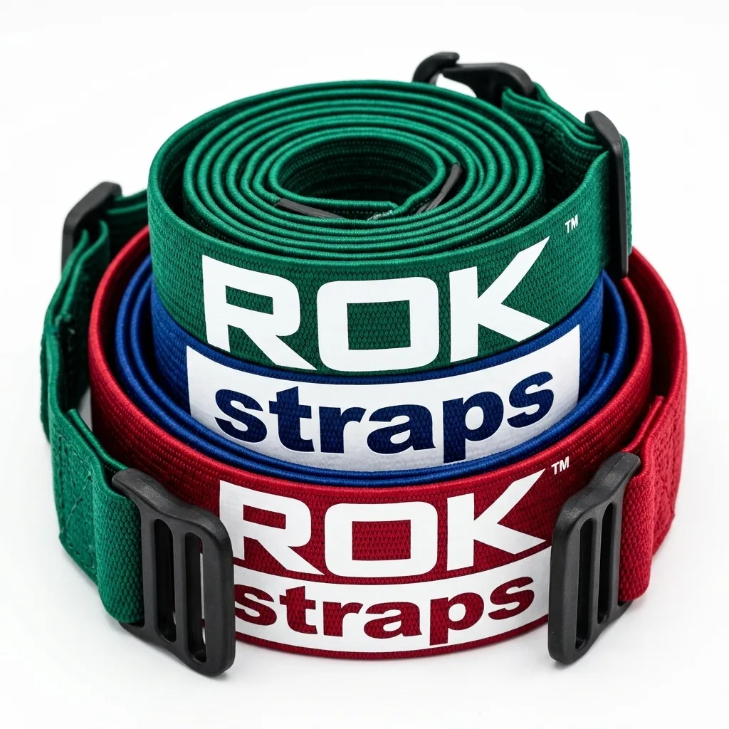Coiled colorful elastic cargo straps with black plastic buckles arranged on white background with studio lighting.