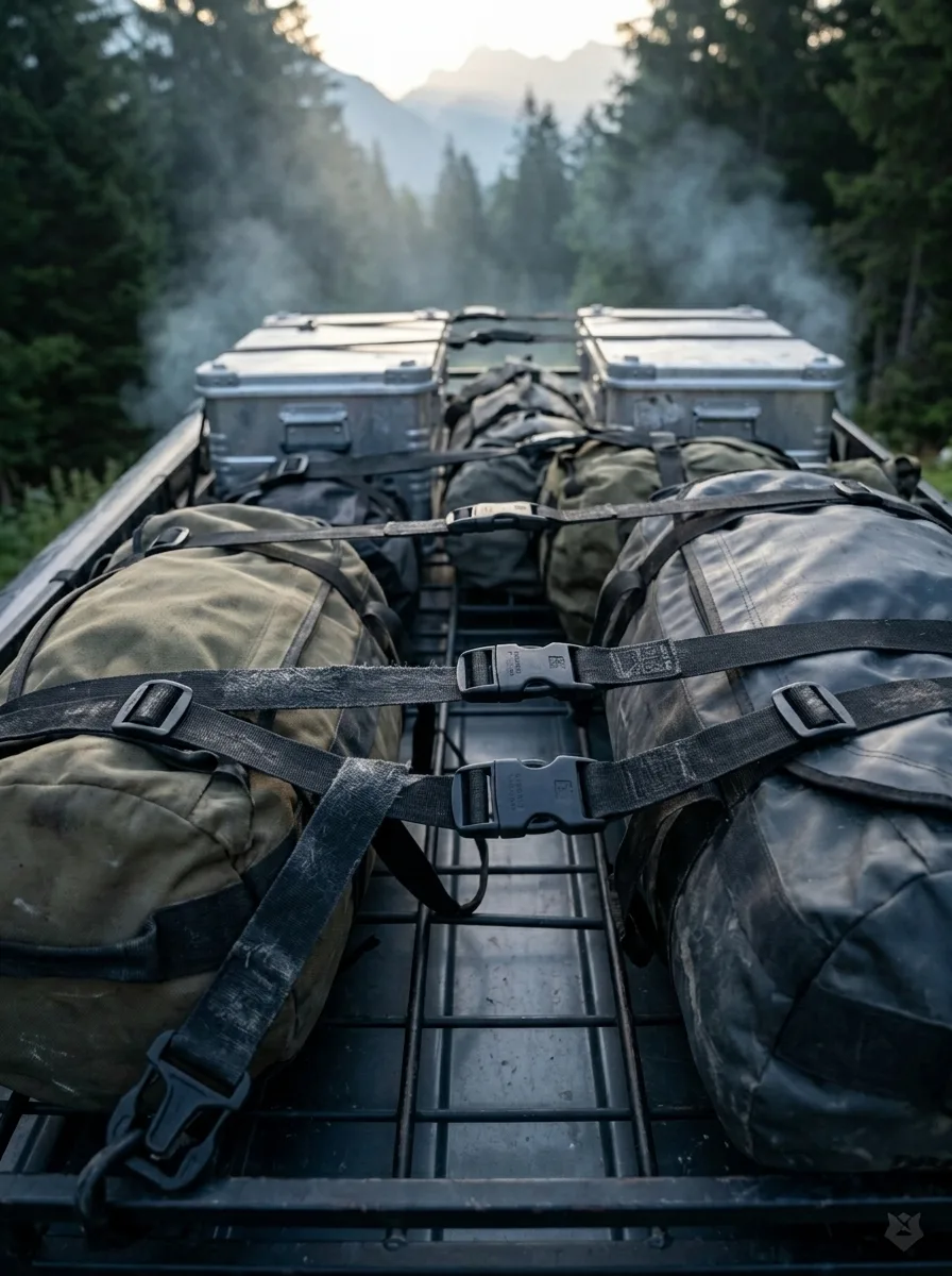 Overhead view of elastic cargo straps securing duffle bags to a roof rack in misty forest conditions.