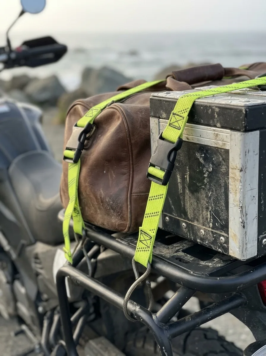 Close-up of elastic cargo straps with black buckles securing gear to an adventure motorcycle on a coastal highway.