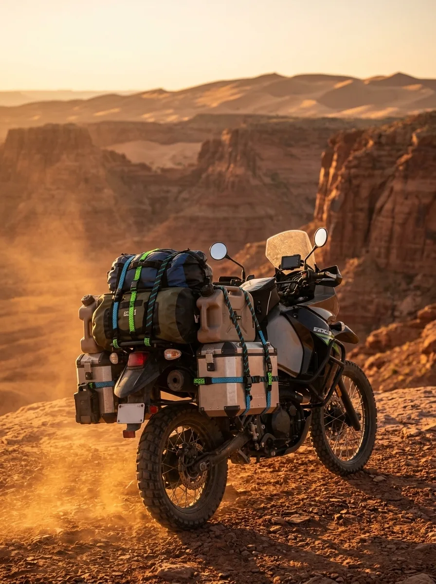 Loaded adventure motorcycle secured with elastic cargo straps at golden hour overlooking desert landscape.