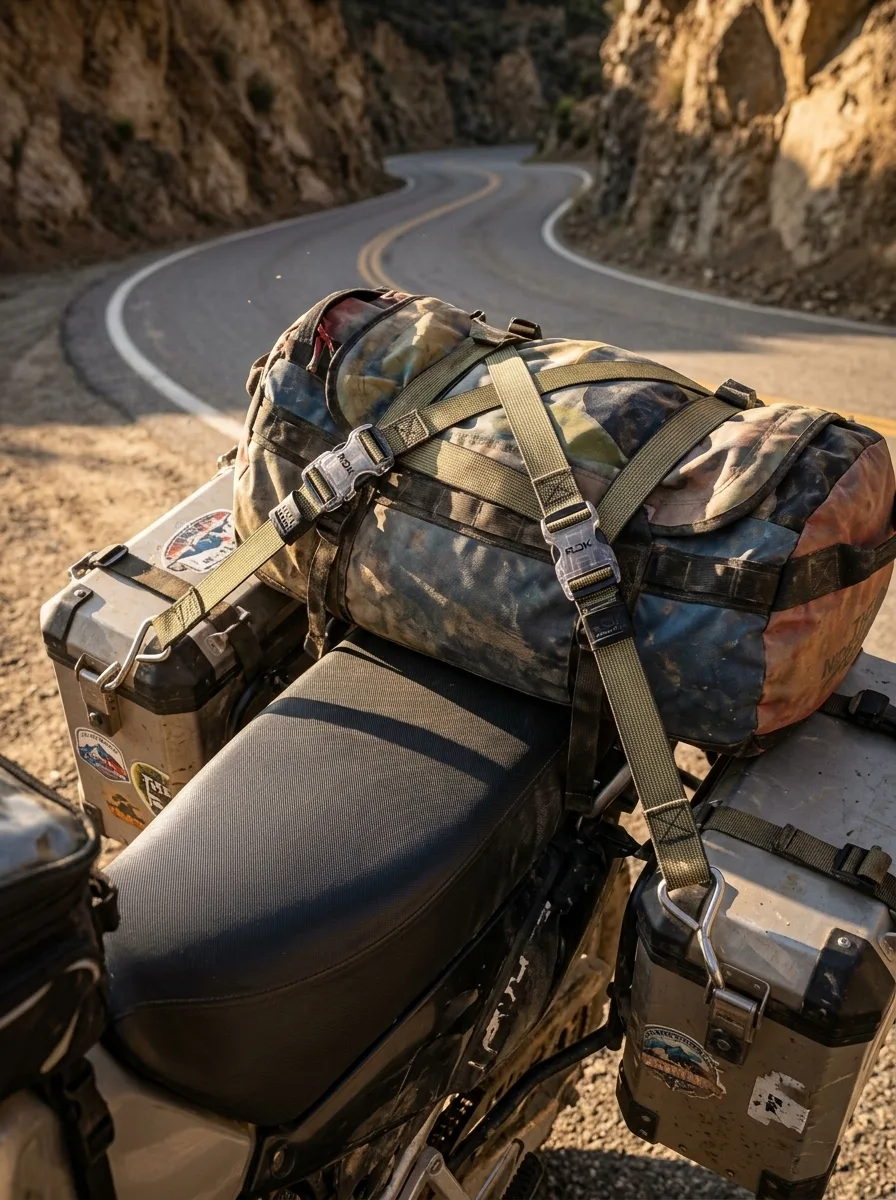 Elastic cargo straps with black buckles securing gear to an adventure motorcycle on a mountain pass.