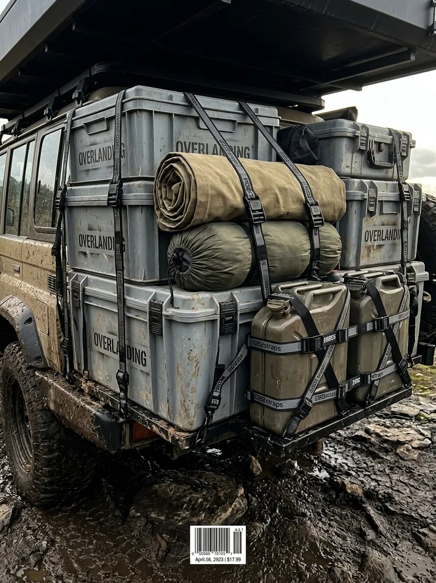 Multiple elastic cargo straps with black buckles securing gear on a 4x4 roof rack in wet terrain.