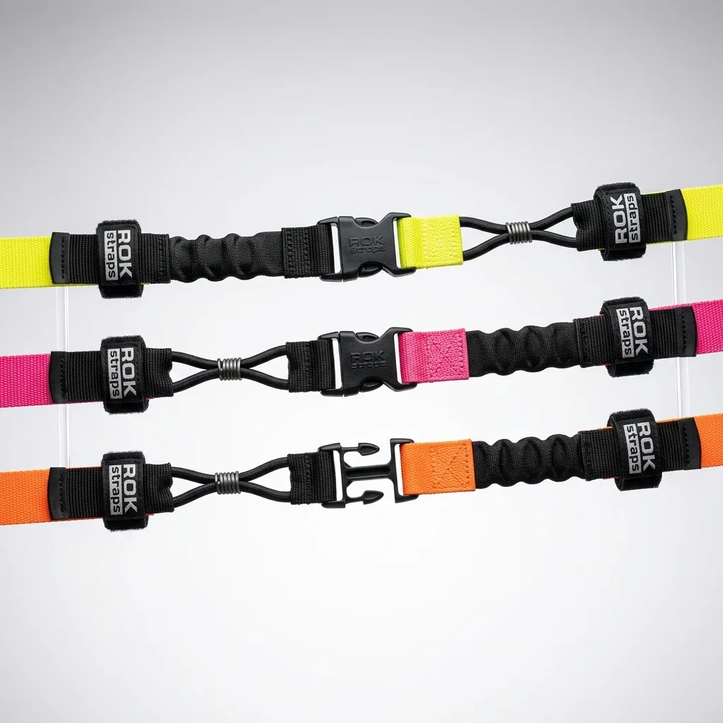 Stretched elastic cargo straps in neon colors with black plastic buckles under studio lighting.