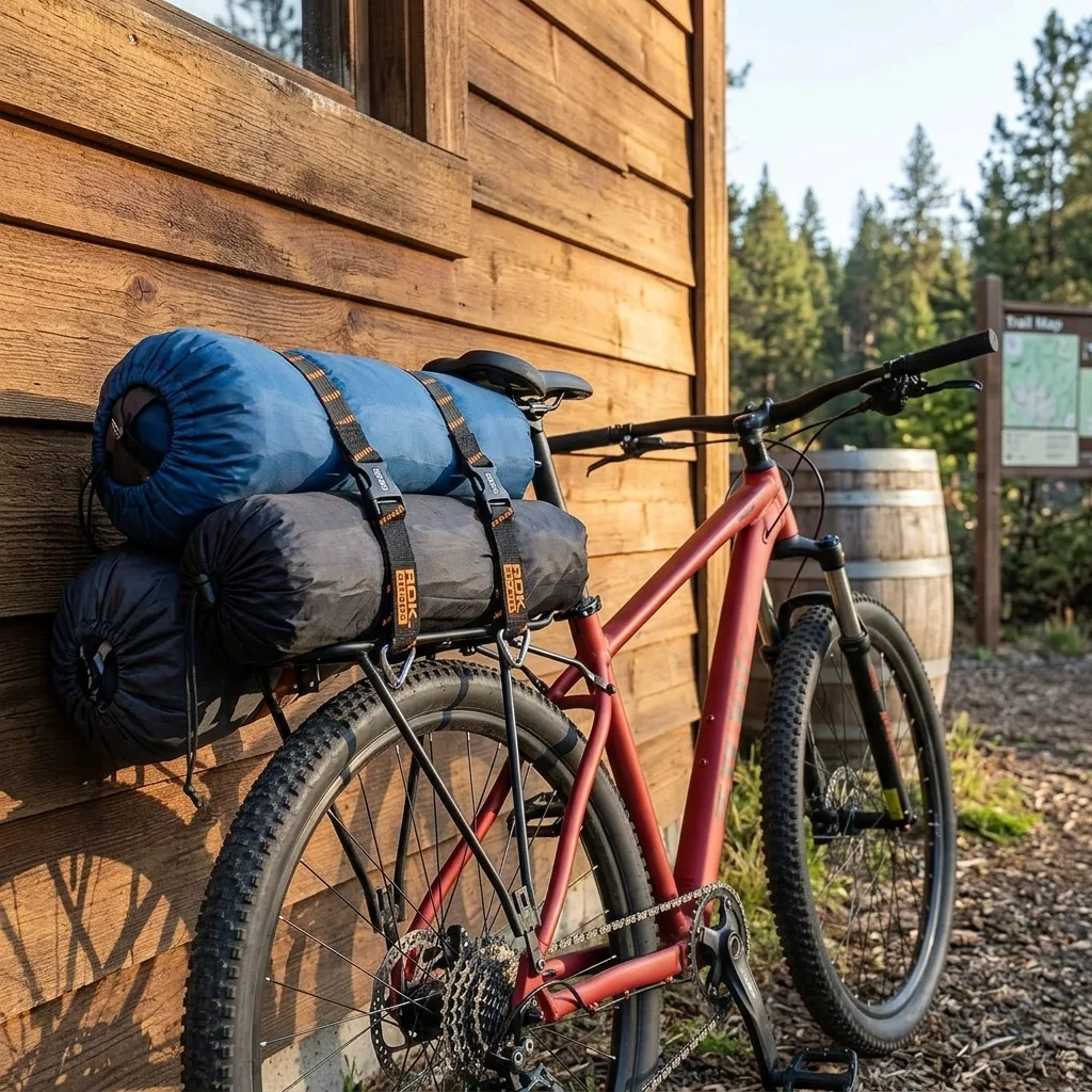 Mountain bicycle with elastic cargo straps securing camping gear against a cabin wall in daylight.