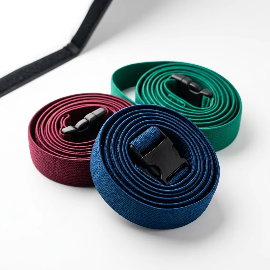 Coiled elastic cargo straps in blue, emerald, and burgundy with black plastic buckles on white studio background.