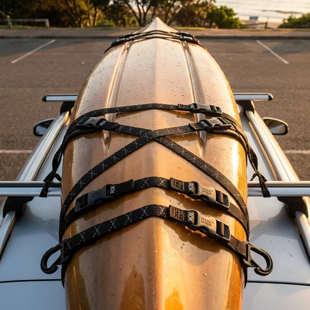 Kayak roof rack ROK straps golden hour secure Kayak secured to car roof with elastic cargo straps and plastic buckles in golden hour sunlight.
