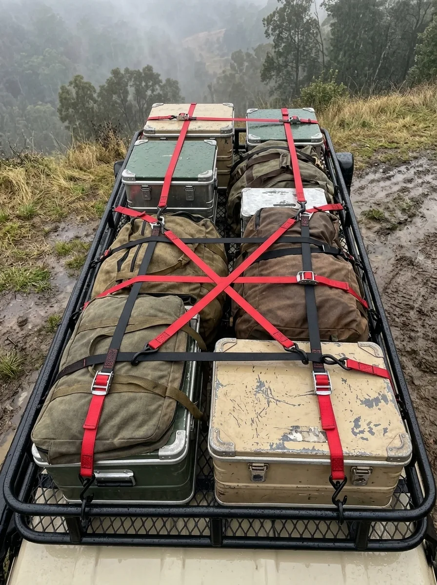 Red and black cargo straps with plastic buckles secure expedition cases on a wet 4x4 roof rack.