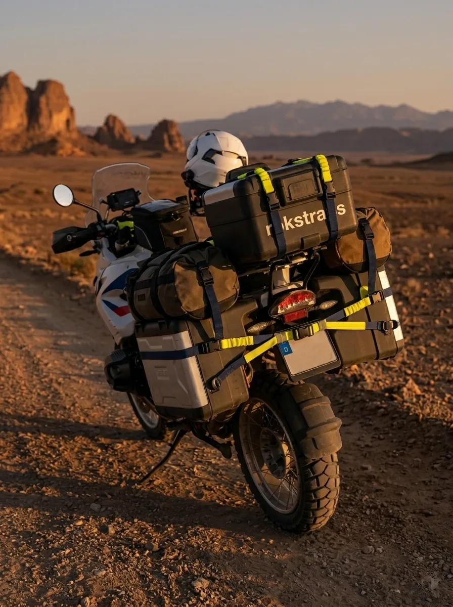 Yellow and navy cargo straps with black buckles secure adventure gear to an expedition motorcycle.
