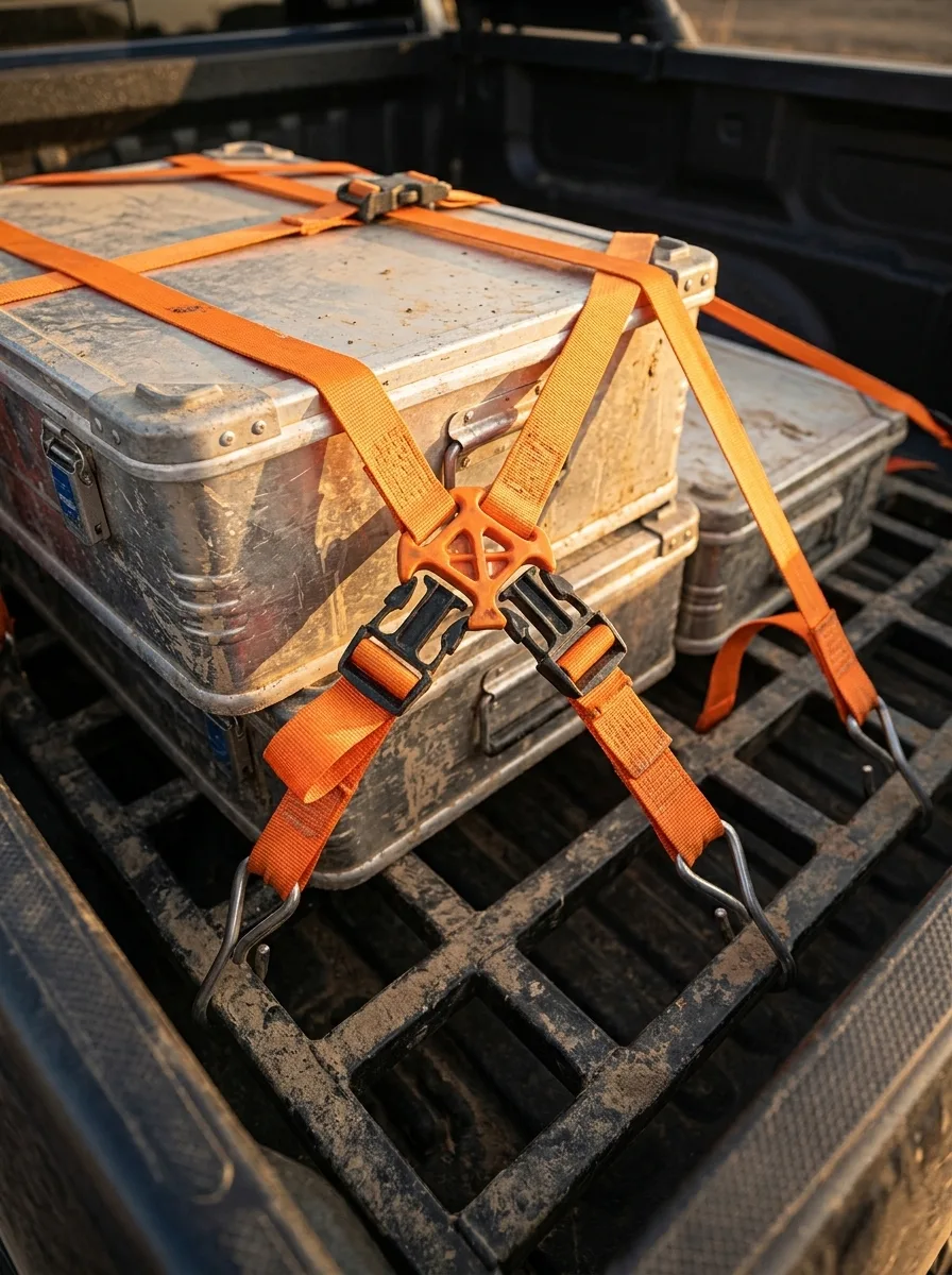 Orange cargo straps with black buckles secure expedition boxes to a truck bed in golden hour light.