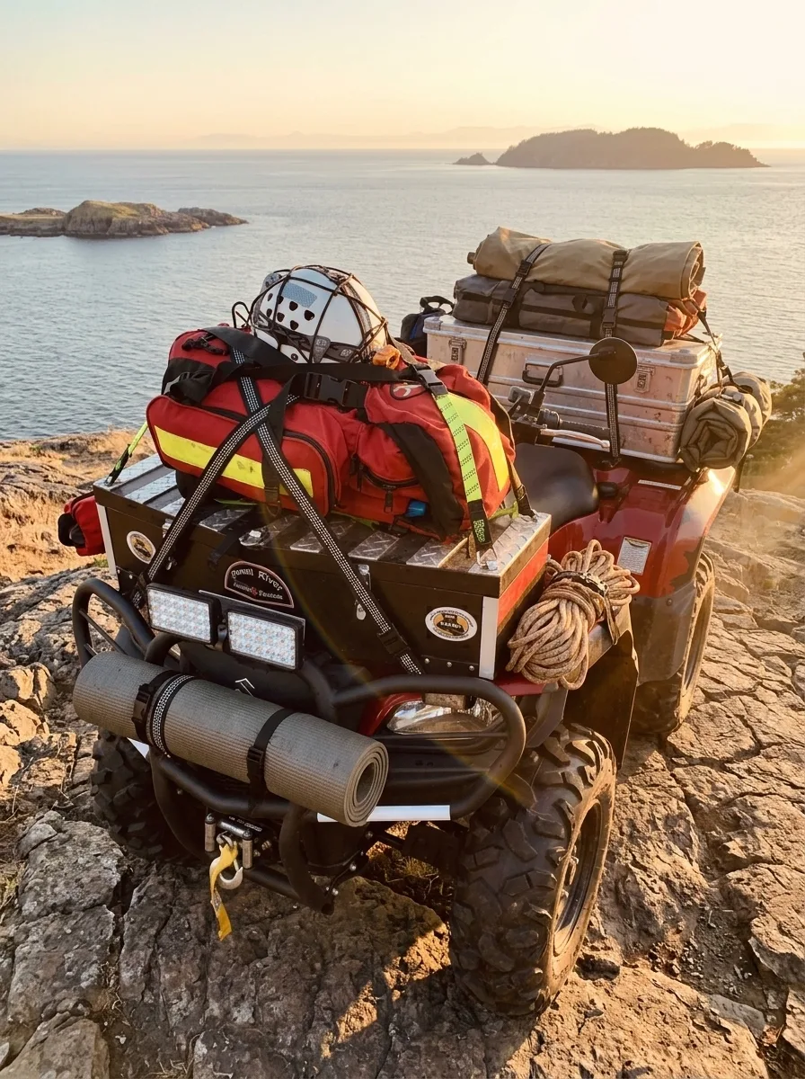 Motorcycle with packed expedition gear secured by elastic cargo straps on a coastal rocky outcrop.