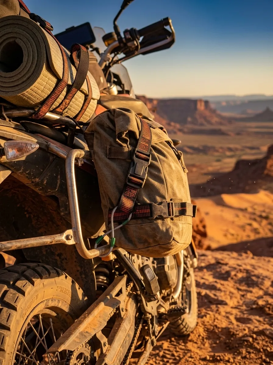 Motorcycle loaded with expedition gear secured by elastic cargo straps on a desert ridge at sunset.