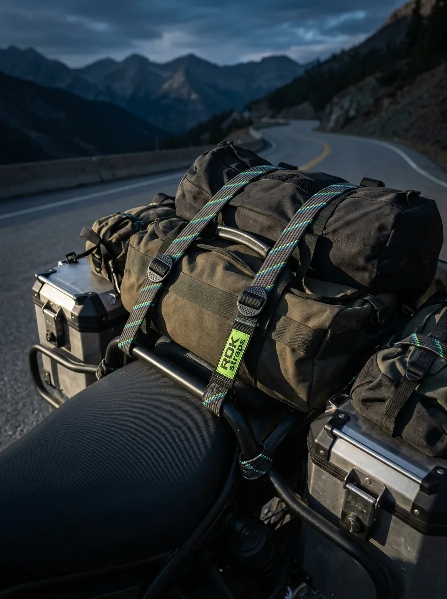 Overhead view of elastic cargo straps securing duffle bags to a motorcycle on a mountain road.