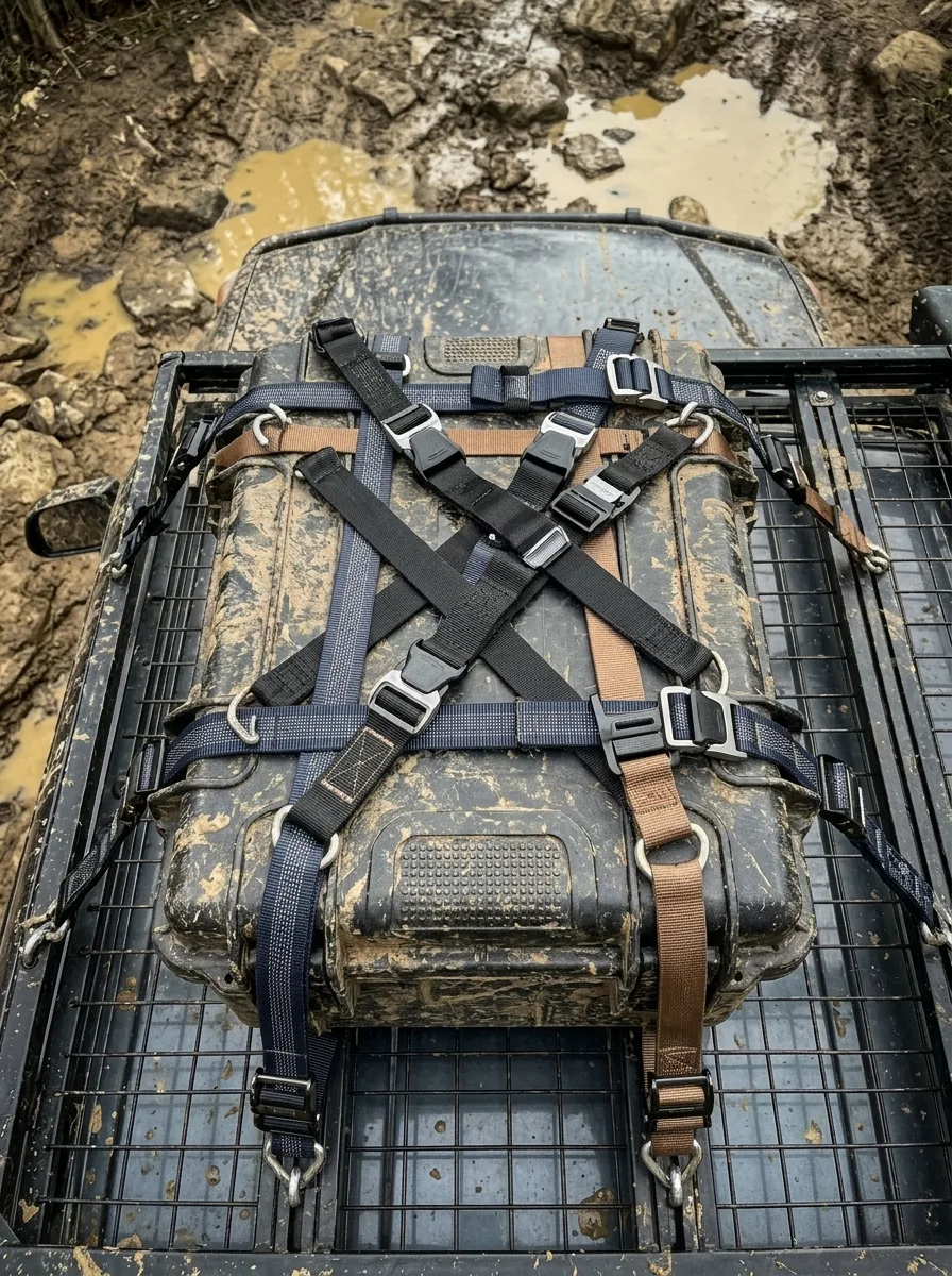 Multiple elastic cargo straps with black buckles wrap tightly around a roof-mounted expedition box on a 4x4 vehicle in wet, muddy terrain.