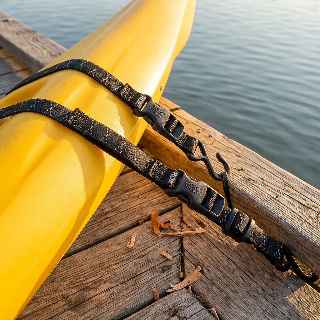 Yellow kayak on a dock secured with elastic cargo straps featuring black buckles, lit by golden hour sunlight.